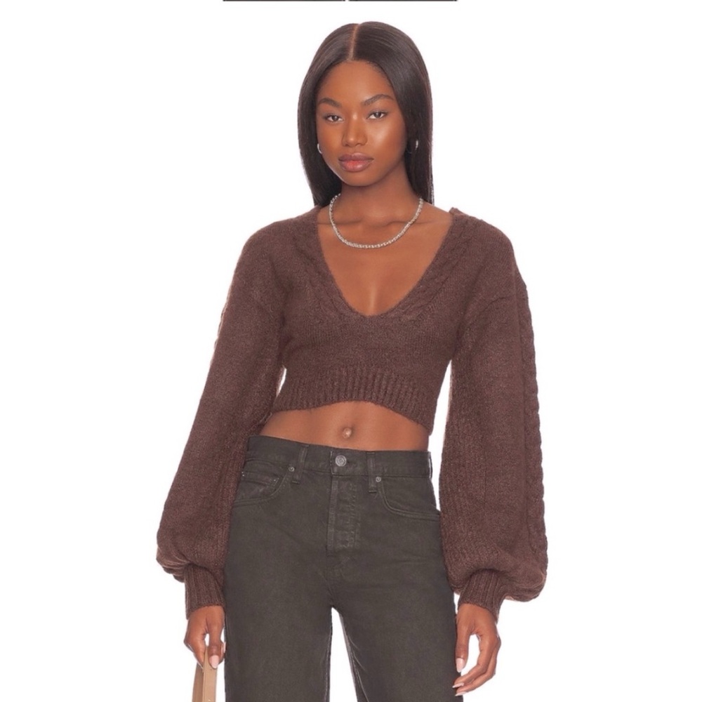 For Love & Lemons Amelia Knit Cropped Sweater W/ Tie Back Brown S $125